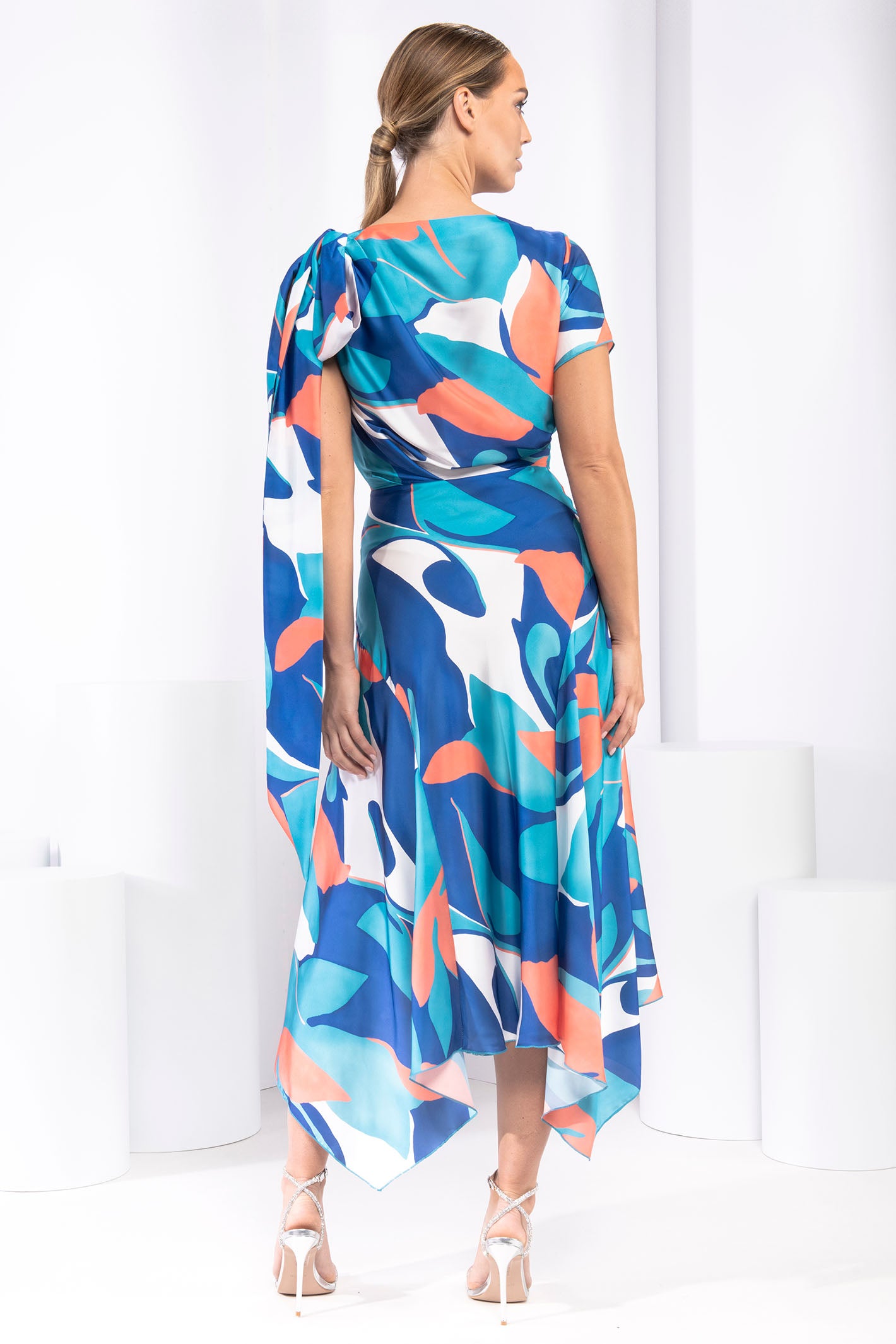 Kevan Jon Didi Drape Blue Ora Tropical Satin Print Occasion Dress - Fab Frocks Boutique
