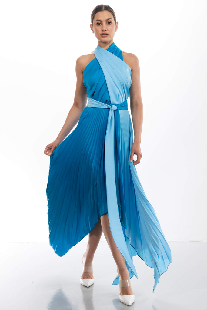 Kevan Jon Vienna Marina Oasis Blue Satin Crepe Pleat Dress - Fab Frocks Boutique