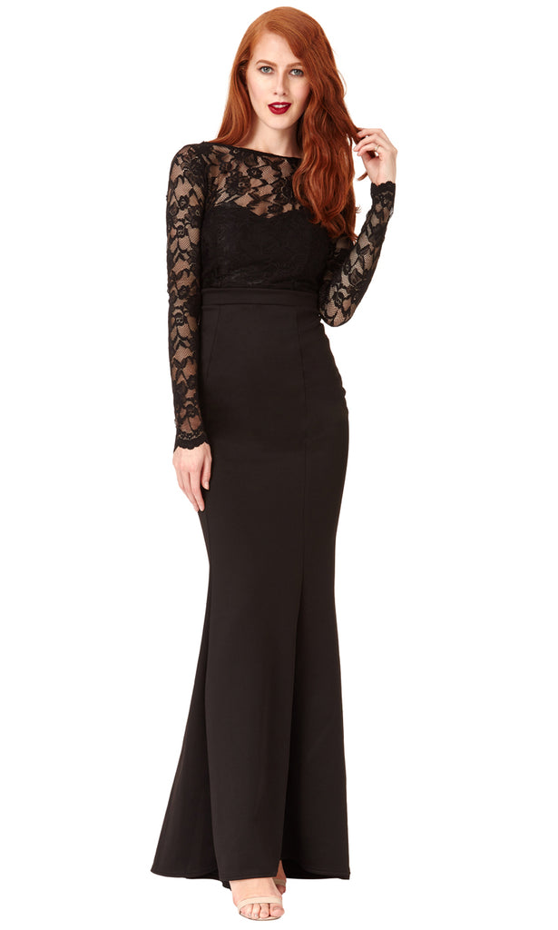 DR987 Black City Goddess Evening Dress With Lace Sleeves - Fab Frocks