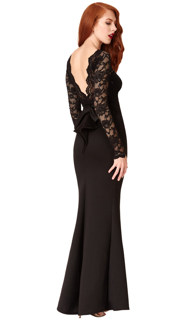 DR987 Black City Goddess Evening Dress With Lace Sleeves - Fab Frocks