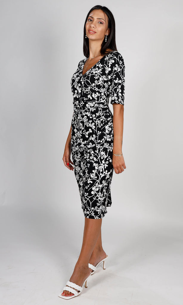 Allison 6163 Black White Floral Wrap Style Jersey Dress - Fab Frocks