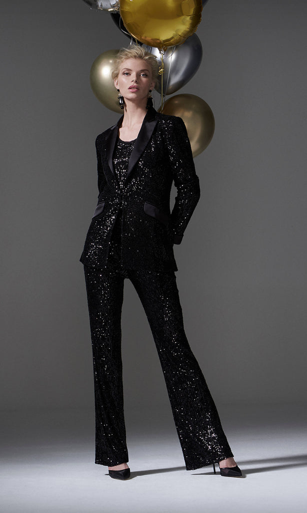 96094 Black Carla Ruiz Sequin Tuxedo Evening Trouser Suit - Fab Frocks