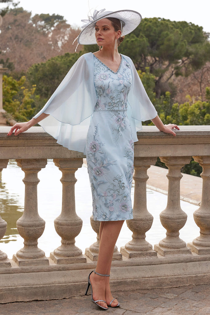 Couture Club 7G189 Light Blue Embroidered Mesh Cape Dress - Fab Frocks Boutique