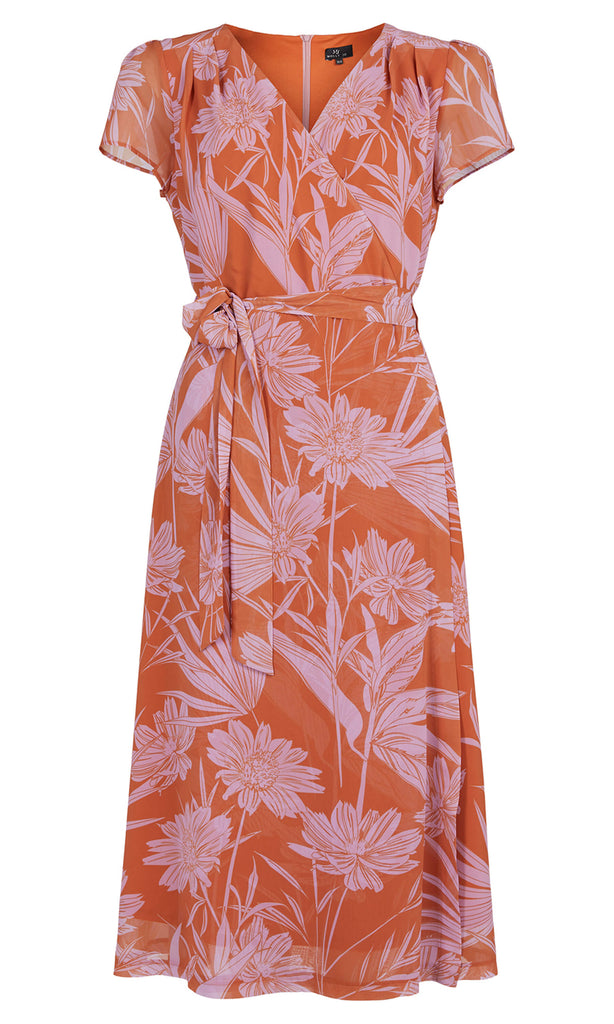 Molly Jo 7841-71135 Tan Lilac Flower Print Wrap Style Dress - Fab Frocks