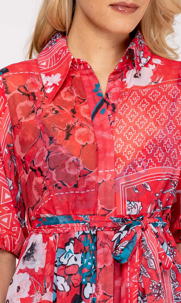 Niza 921242 Coral Blue Floral Print Chiffon Shirt Dress With Sleeves - Fab Frocks