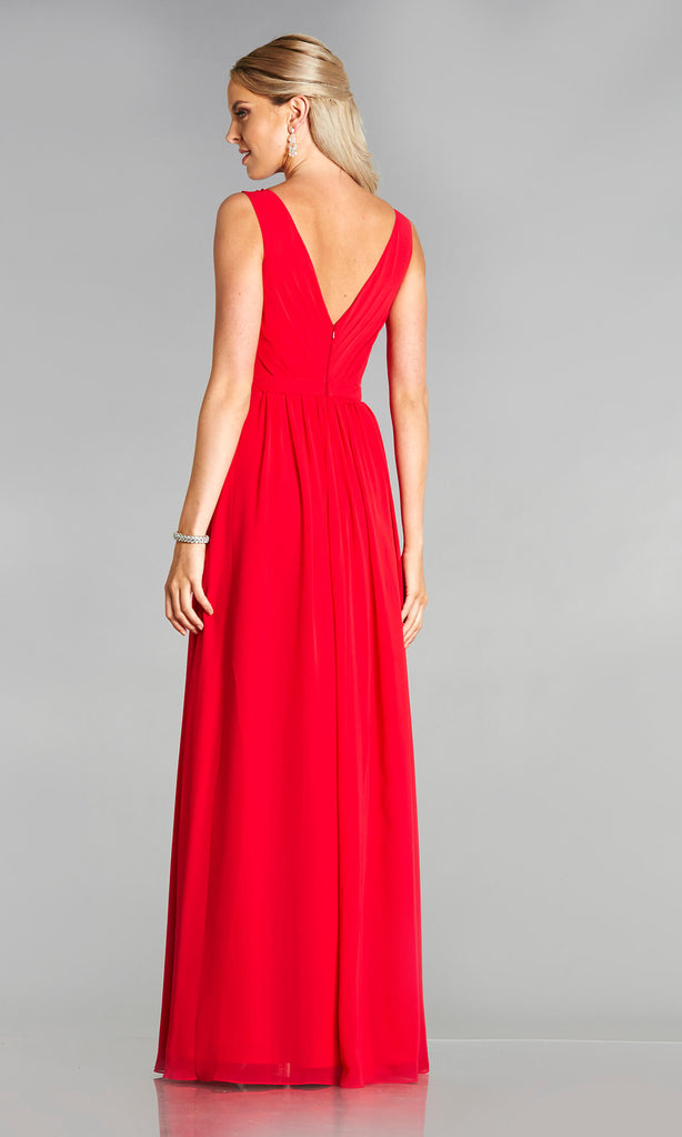 Maria* Red Tiffanys Plain Prom Dress With High Neck - Fab Frocks