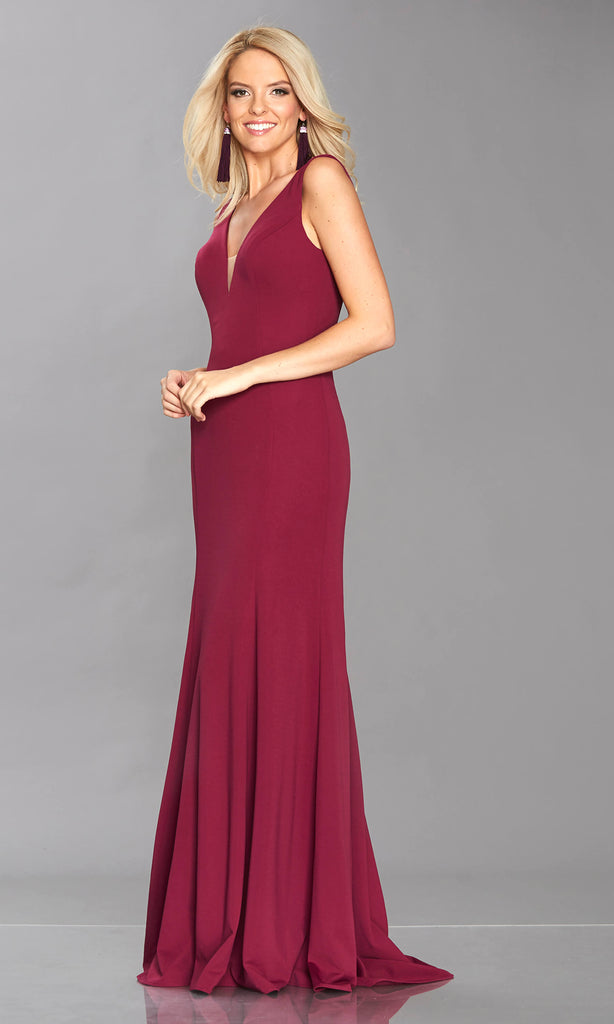 Tiffanys Zara Plum Plunge Neck Evening Dress - Fab Frocks