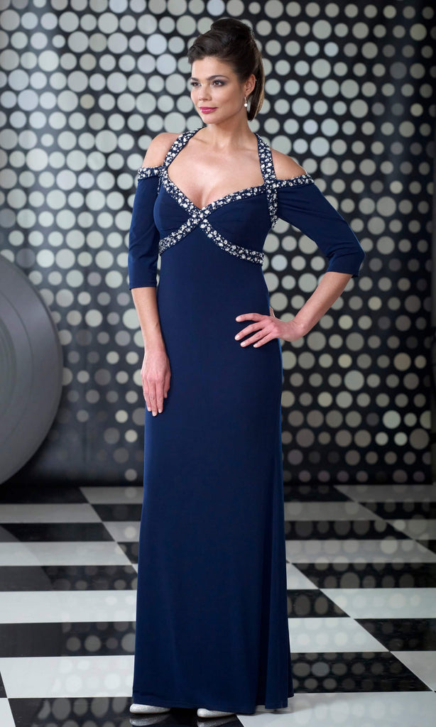 VO3014 Navy Veromia Occasions Cold Shoulder Evening Dress - Fab Frocks