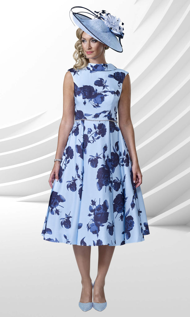 Veromia Occasions VO6419 Baby Blue Navy Rose Print A-Line Midi Dress - Fab Frocks