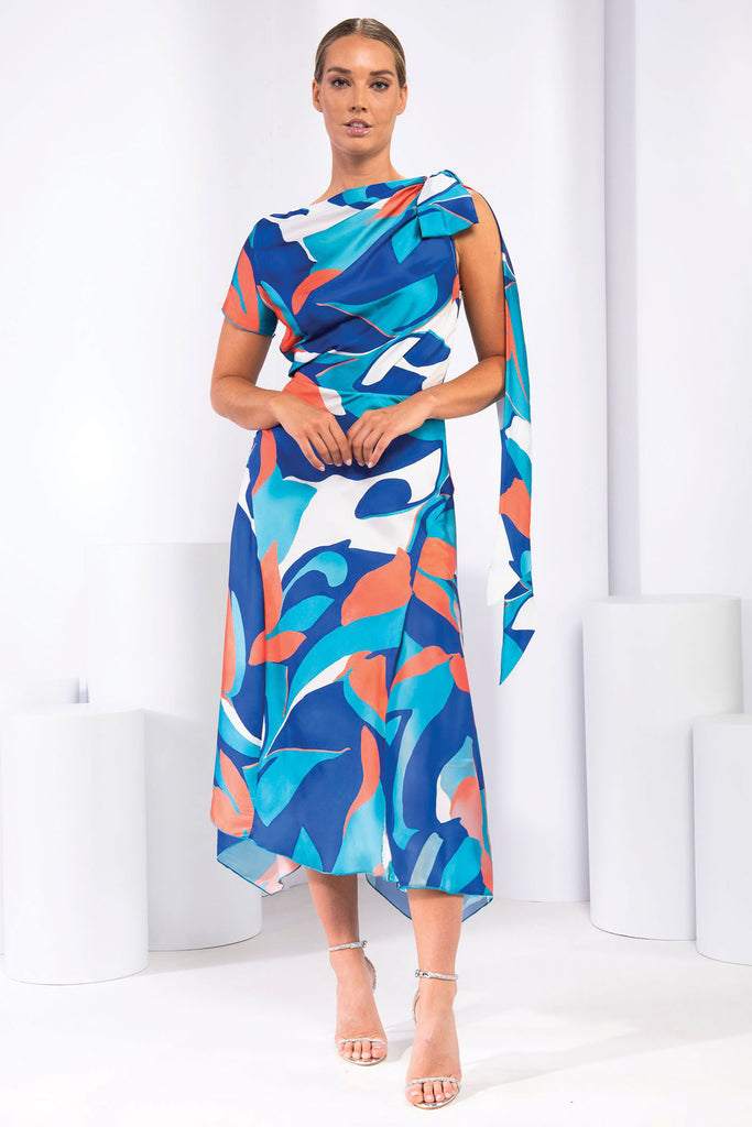 Kevan Jon Didi Drape Blue Ora Tropical Satin Print Occasion Dress - Fab Frocks Boutique