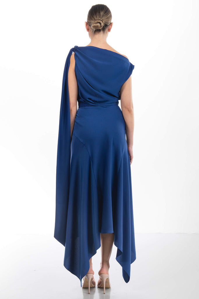 Kevan Jon Didi Drape Cobalt Blue Satin Crepe Occasion Dress - Fab Frocks Boutique