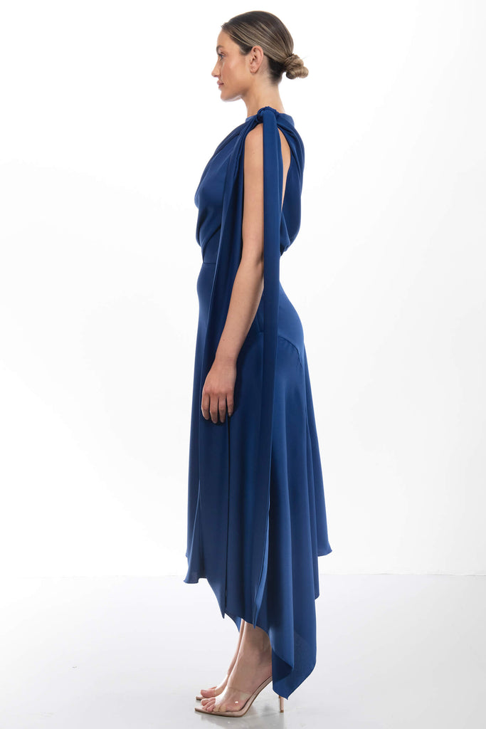 Kevan Jon Didi Drape Cobalt Blue Satin Crepe Occasion Dress - Fab Frocks Boutique