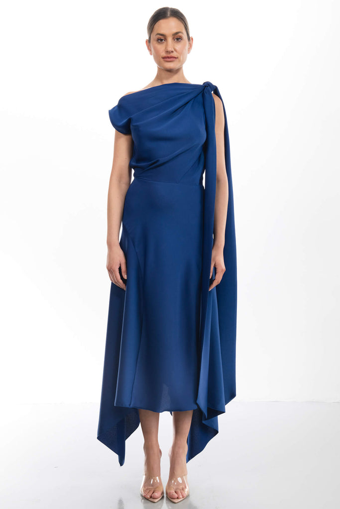 Kevan Jon Didi Drape Cobalt Blue Satin Crepe Occasion Dress - Fab Frocks Boutique