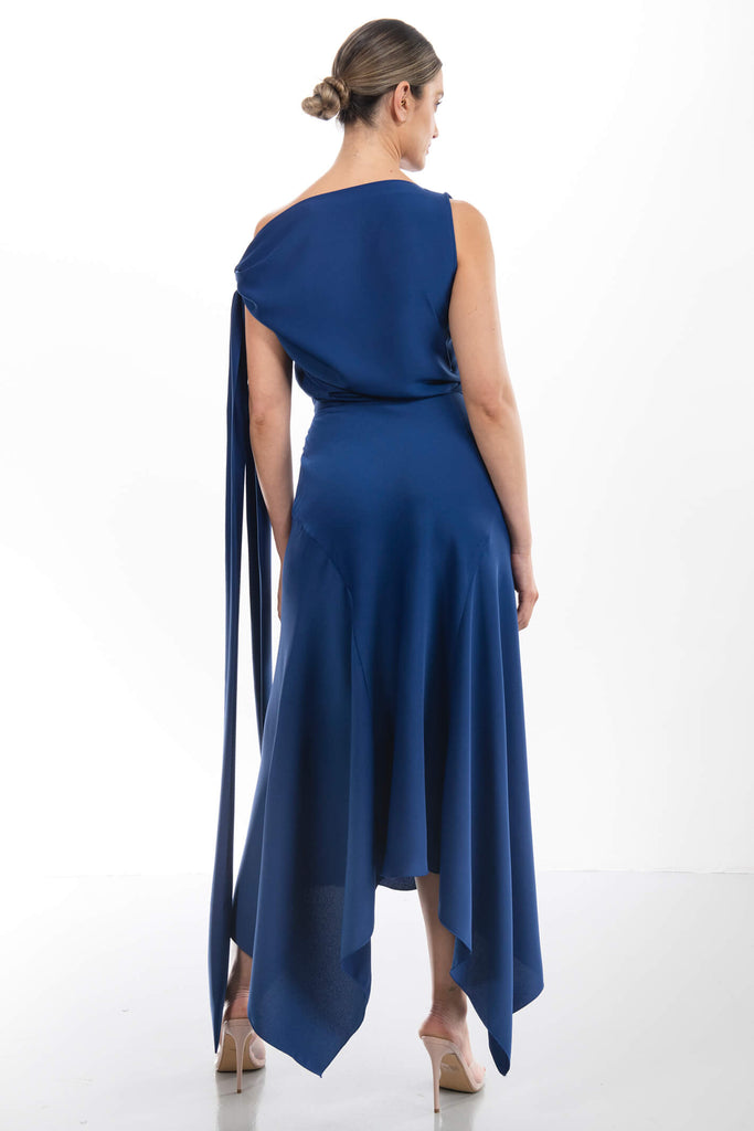 Kevan Jon Didi Drape Cobalt Blue Satin Crepe Occasion Dress - Fab Frocks Boutique