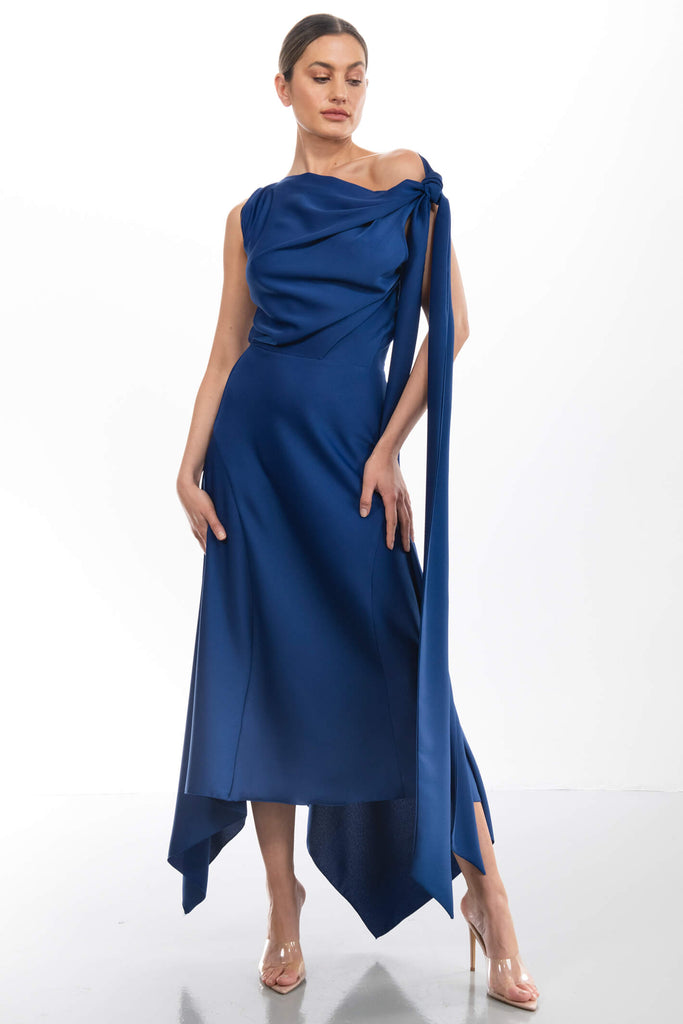 Kevan Jon Didi Drape Cobalt Blue Satin Crepe Occasion Dress - Fab Frocks Boutique