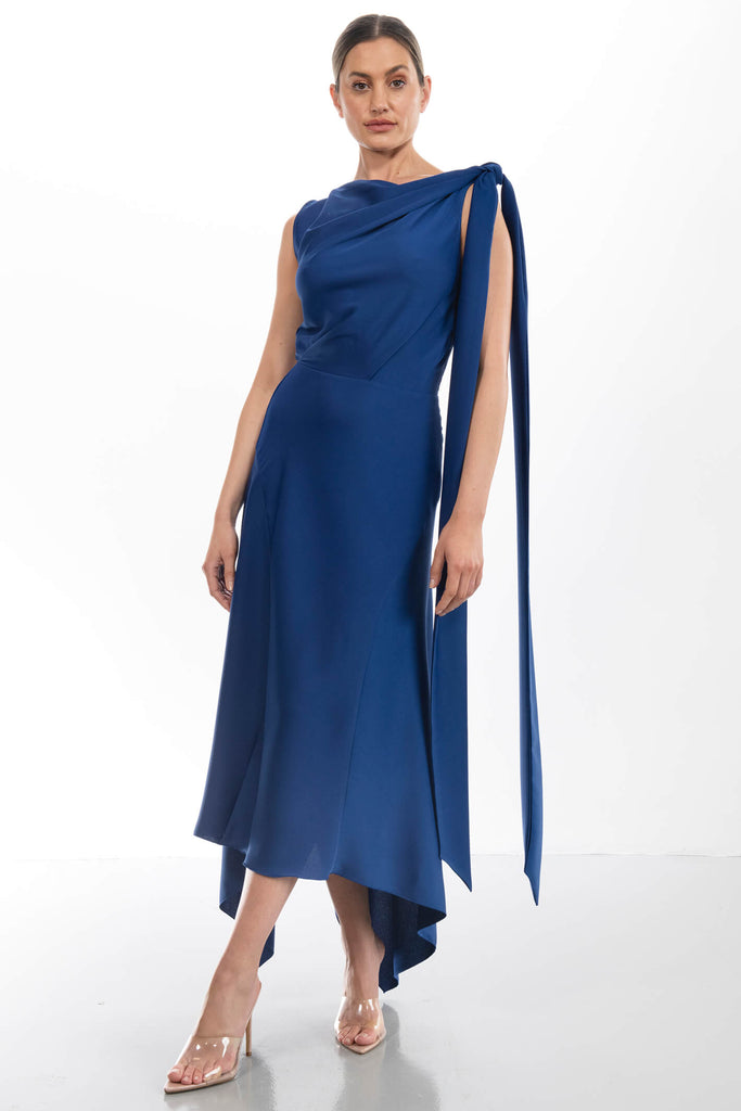 Kevan Jon Didi Drape Cobalt Blue Satin Crepe Occasion Dress - Fab Frocks Boutique