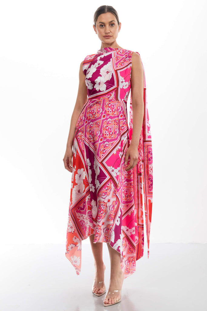 Kevan Jon Didi Drape Pink Lilac Tile Satin Crepe Occasion Dress - Fab Frocks Boutique