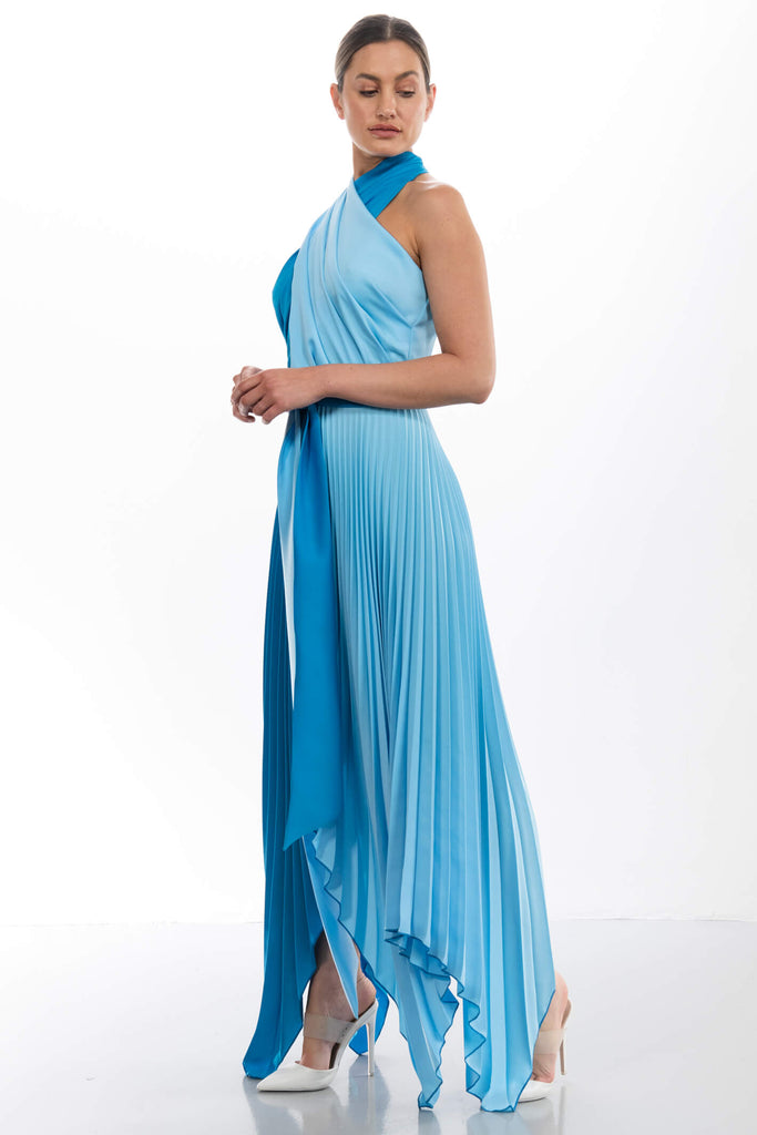 Kevan Jon Vienna Marina Oasis Blue Satin Crepe Pleat Dress - Fab Frocks Boutique