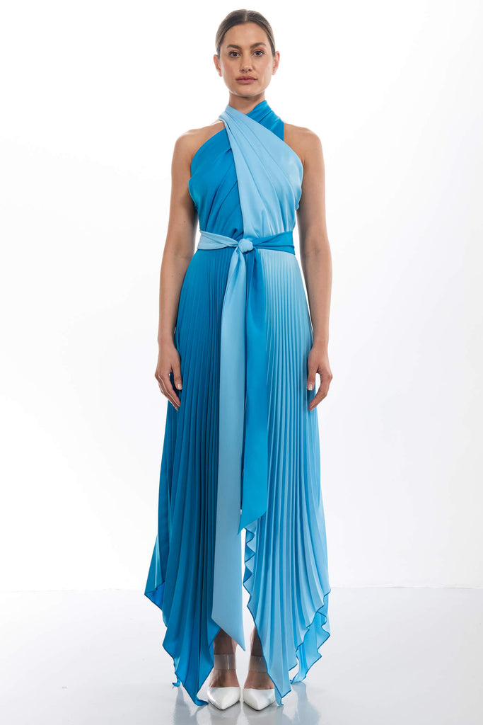 Kevan Jon Vienna Marina Oasis Blue Satin Crepe Pleat Dress - Fab Frocks Boutique