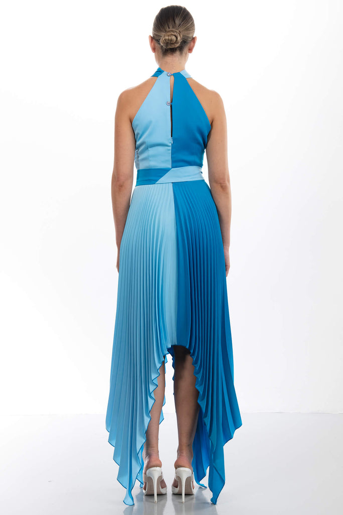 Kevan Jon Vienna Marina Oasis Blue Satin Crepe Pleat Dress - Fab Frocks Boutique