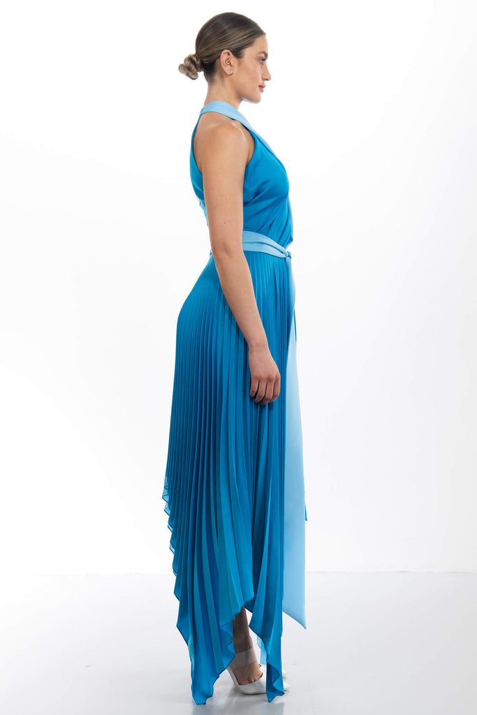 Kevan Jon Vienna Marina Oasis Blue Satin Crepe Pleat Dress - Fab Frocks Boutique