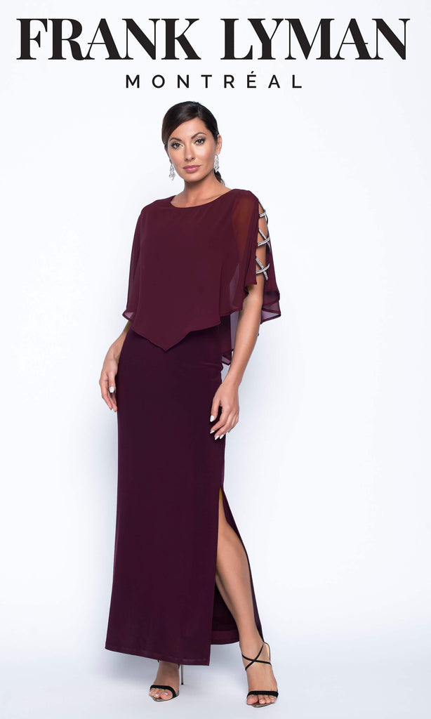 199187 Merlot Frank Lyman Evening Dress With Cape - Fab Frocks