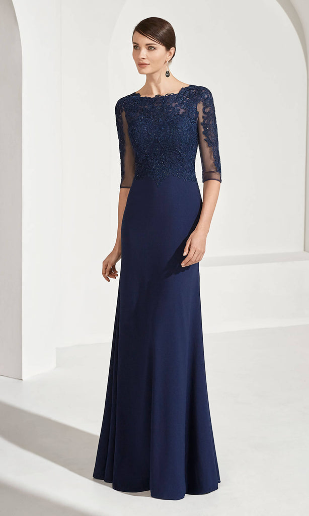 3G123 Navy Couture Club Evening Dress With Sleeves - Fab Frocks
