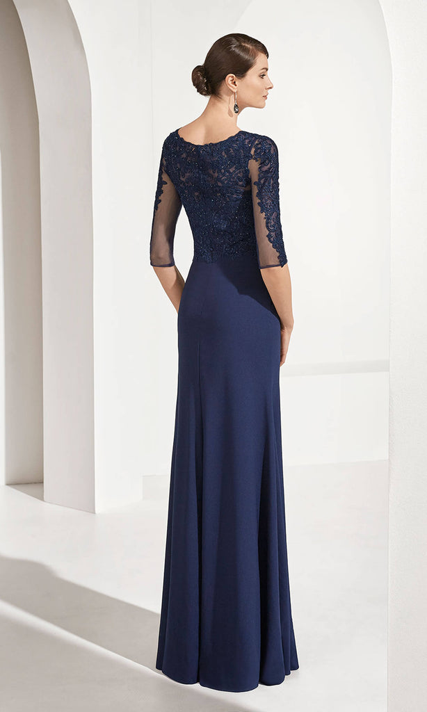 3G123 Navy Couture Club Evening Dress With Sleeves - Fab Frocks