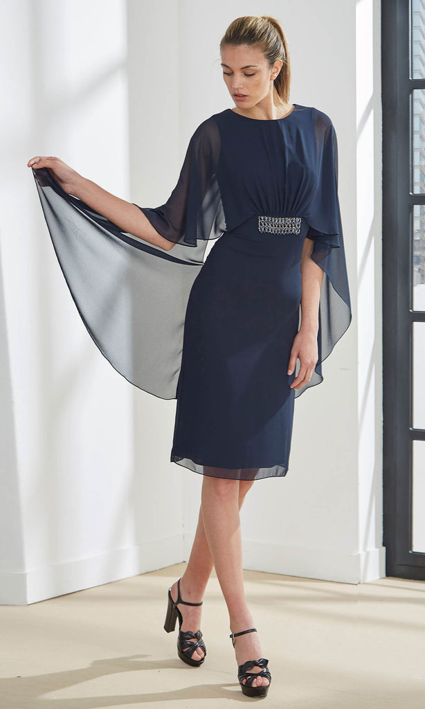 4U155 Navy Aire Barcelona Short Cocktail Dress With Cape - Fab Frocks