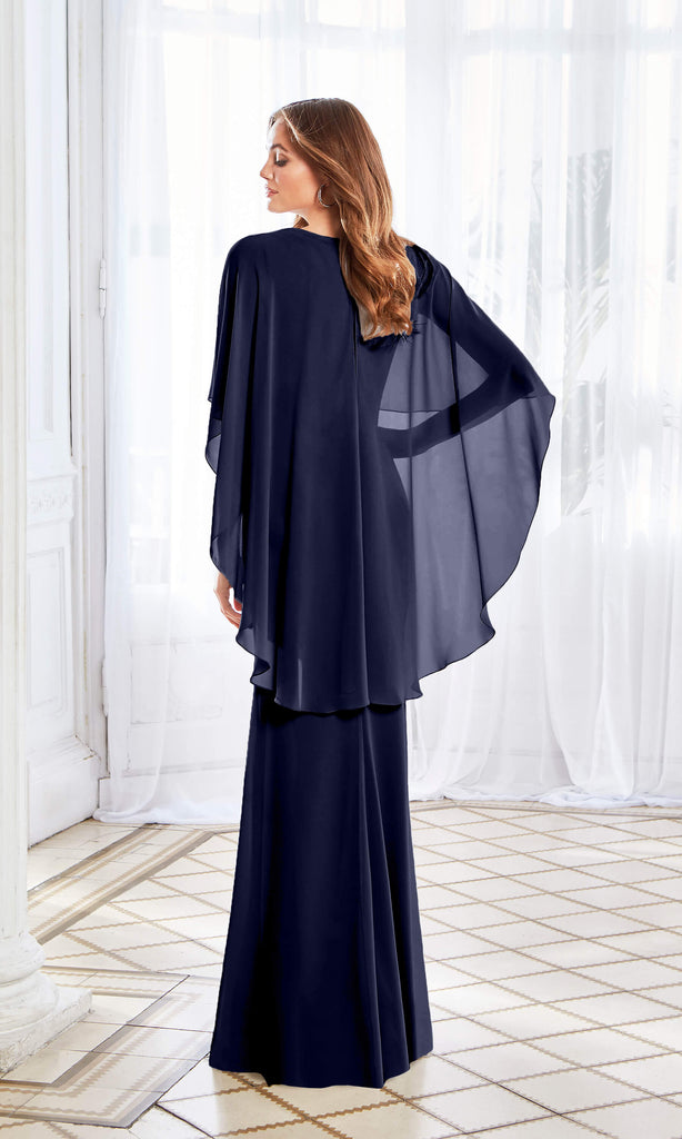 4U155 Navy Aire Long Evening Occasion Dress With Cape - Fab Frocks
