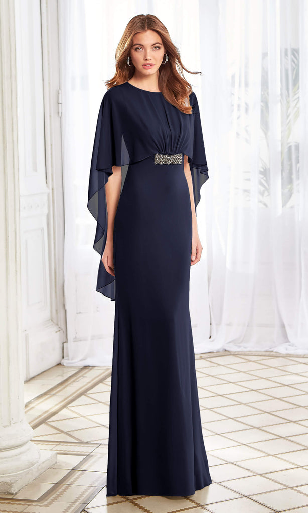4U155 Navy Aire Long Evening Occasion Dress With Cape - Fab Frocks