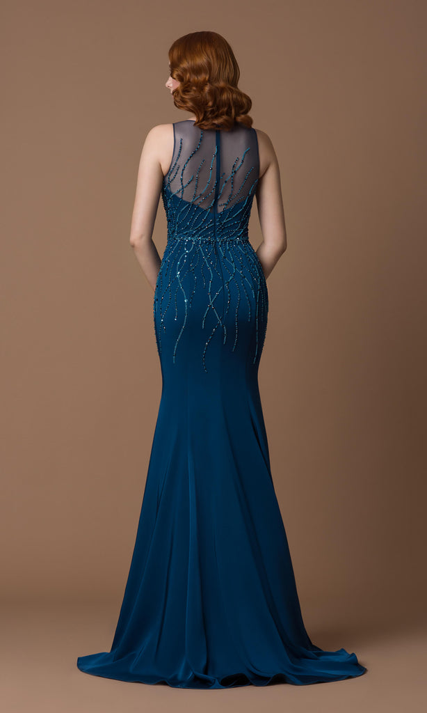 6034C Teal Gino Cerruti Fit And Flare Net Back Dress - Fab Frocks