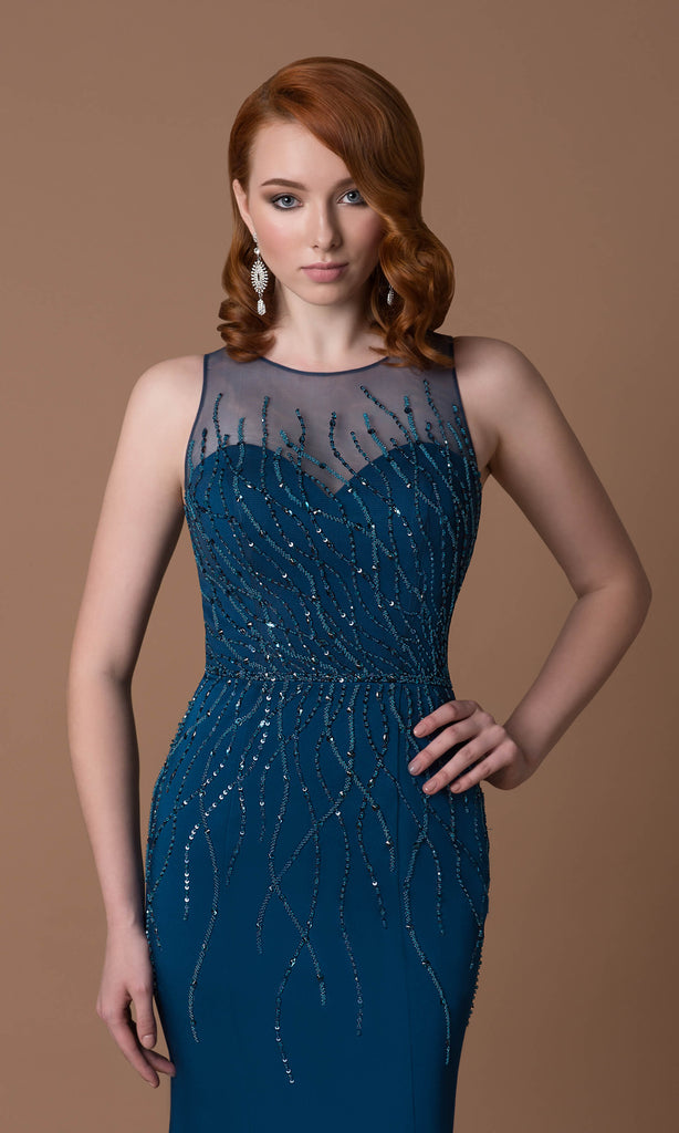 6034C Teal Gino Cerruti Fit And Flare Net Back Dress - Fab Frocks