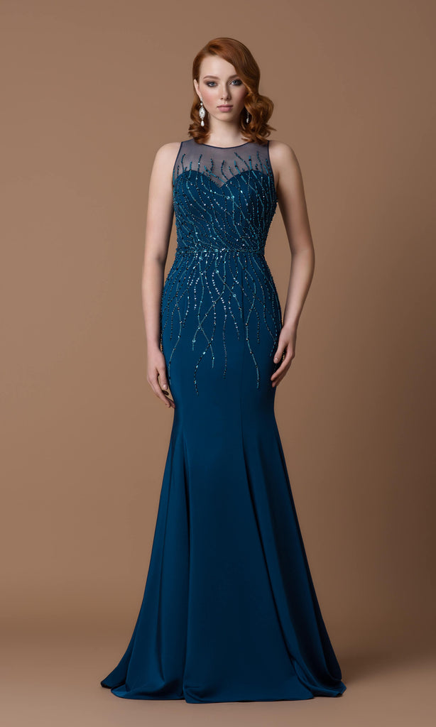 6034C Teal Gino Cerruti Fit And Flare Net Back Dress - Fab Frocks