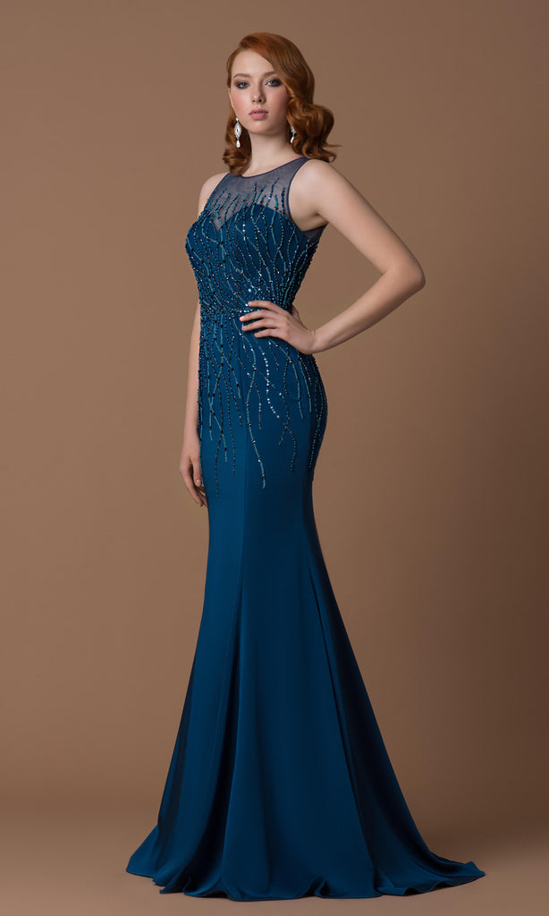 6034C Teal Gino Cerruti Fit And Flare Net Back Dress - Fab Frocks