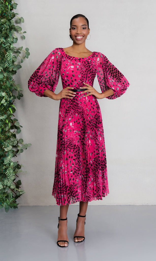 Carla Ruiz 97573 Fuchsia Pink Print Midi Pleated Dress - Fab Frocks