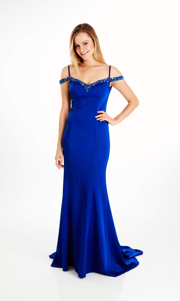 Aria Royal Blue Crystal Breeze Cold Shoulder Evening Dress - Fab Frocks