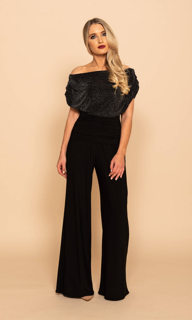 Carbon Black Sparkle Atom Label Evening Party Jumpsuit - Fab Frocks