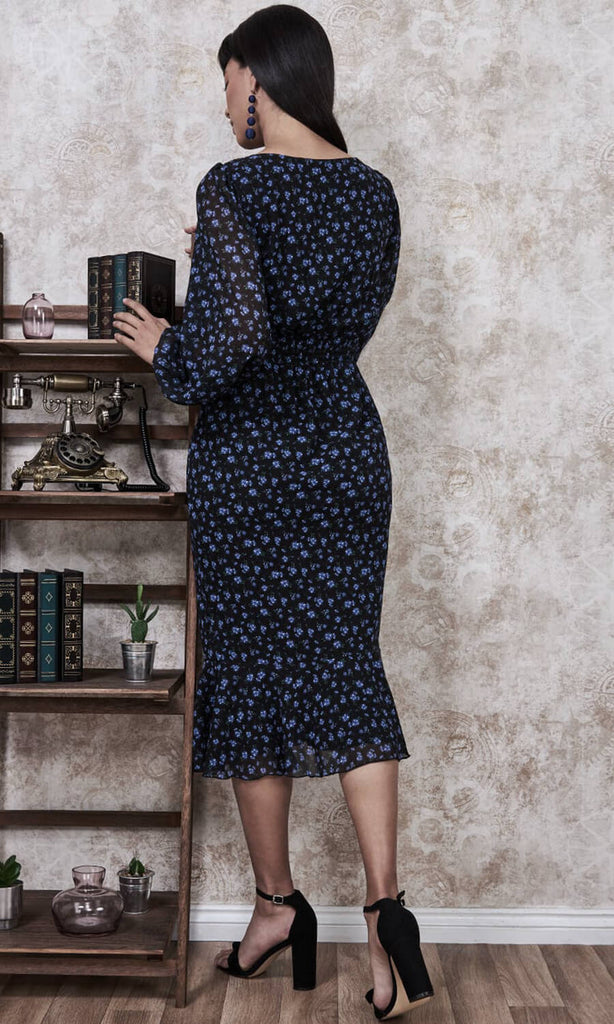 Goddiva London DR3271 Navy Floral Print Dress - Fab Frocks