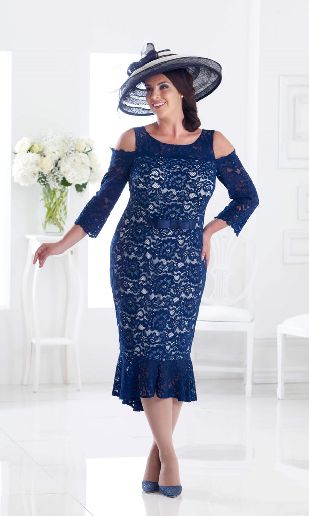 DU288 Navy Dressed Up Lace Cold Shoulder Midi Dress - Fab Frocks