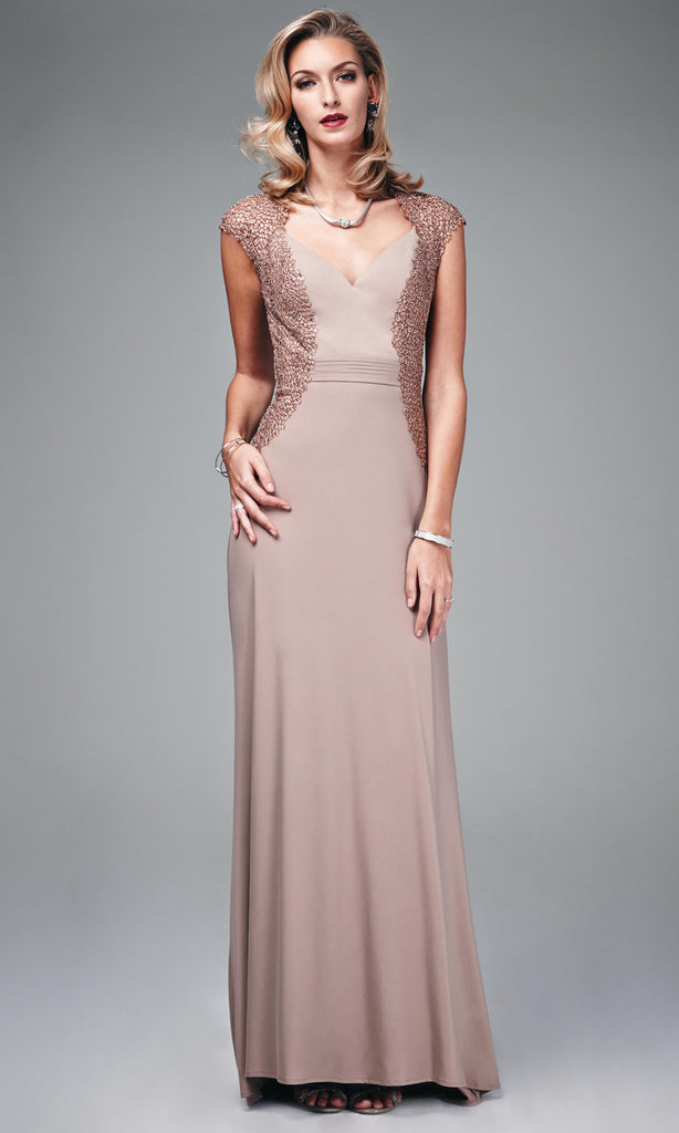 MC181064G Taupe Mascara Evening Dress With Cap Sleeves - Fab Frocks