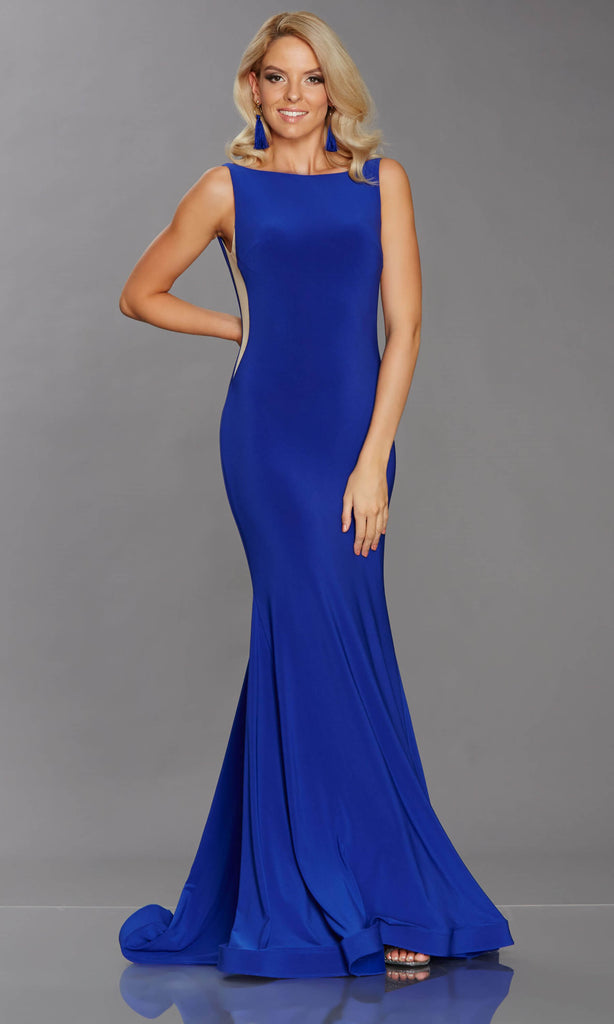 Brooke Royal Blue Tiffanys Mesh Panel Evening Prom Dress - Fab Frocks