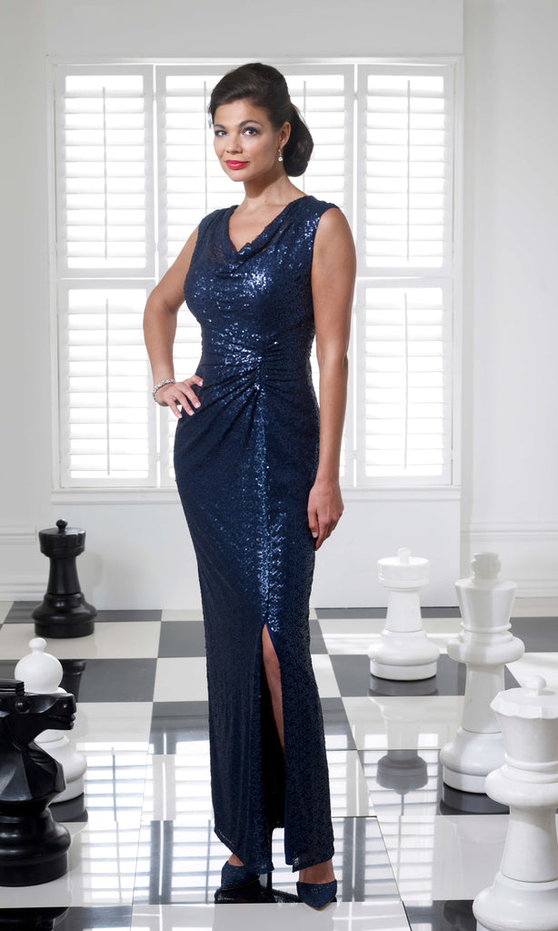 VO3743 Navy Veromia Occasions Sequin Long Evening Dress - Fab Frocks