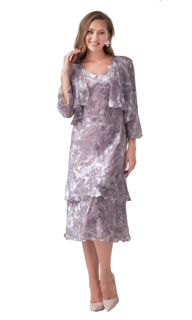 Allison 4111 Beige Floaty Silk Chiffon Print Dress & Bolero - Fab Frocks