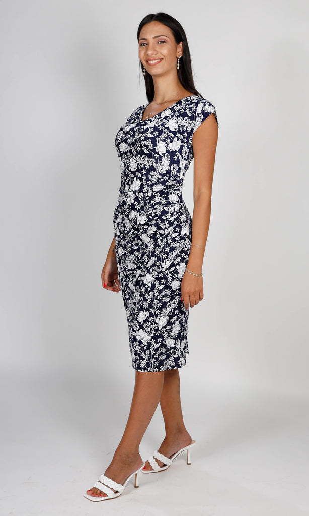 Allison 4566 Navy White Floral Print Jersey Dress - Fab Frocks