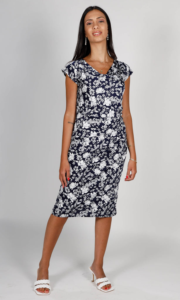 Allison 4566 Navy White Floral Print Jersey Dress - Fab Frocks