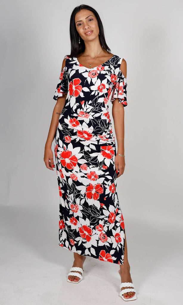 Allison 6087 Red Flower Print Cold Shoulder Maxi Dress - Fab Frocks