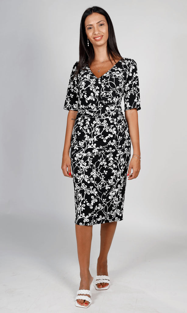 Allison 6163 Black White Floral Wrap Style Jersey Dress - Fab Frocks