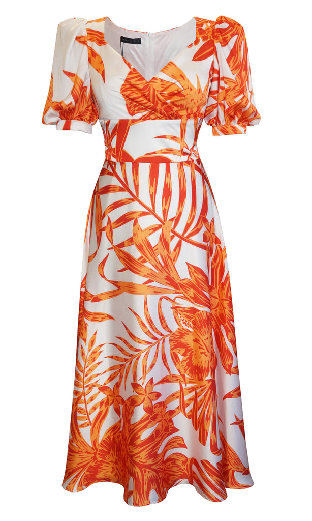 Arggido 45529 Orange Palm Print Satin Puff Sleeve Dress - Fab Frocks