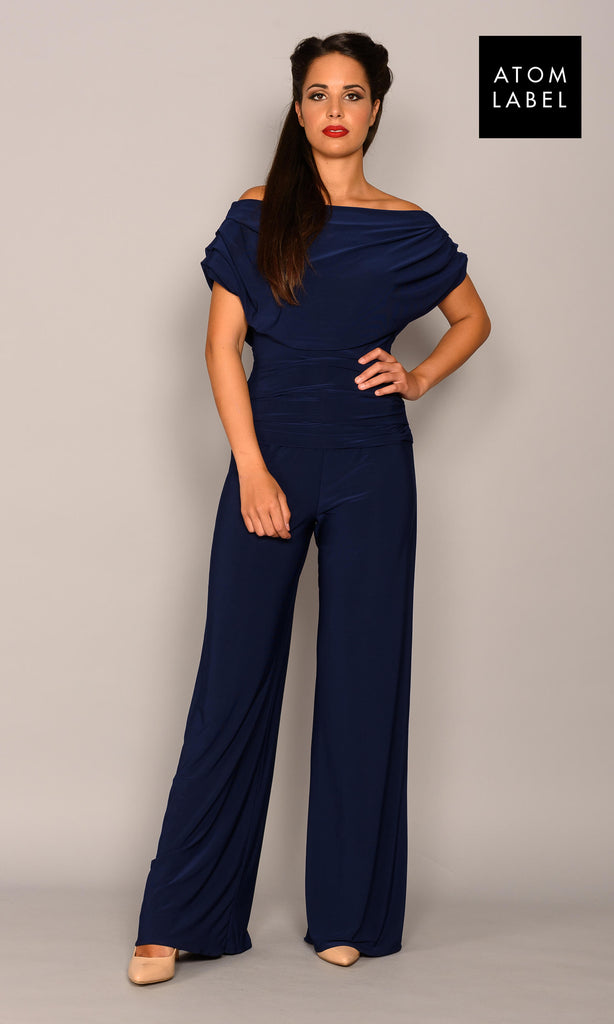 Atom Label Carbon Navy Blue Jersey Jumpsuit - Fab Frocks